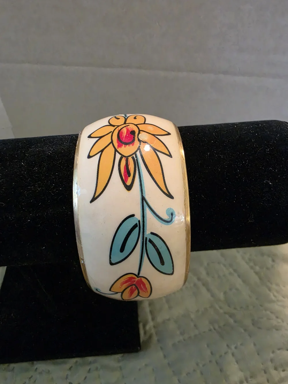 Hand-Painted Floral Enamel Bracelet - Cream with Yellow & Teal